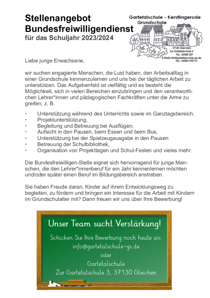Stellenanzeige BUFDI Gartetalschule 2023/24